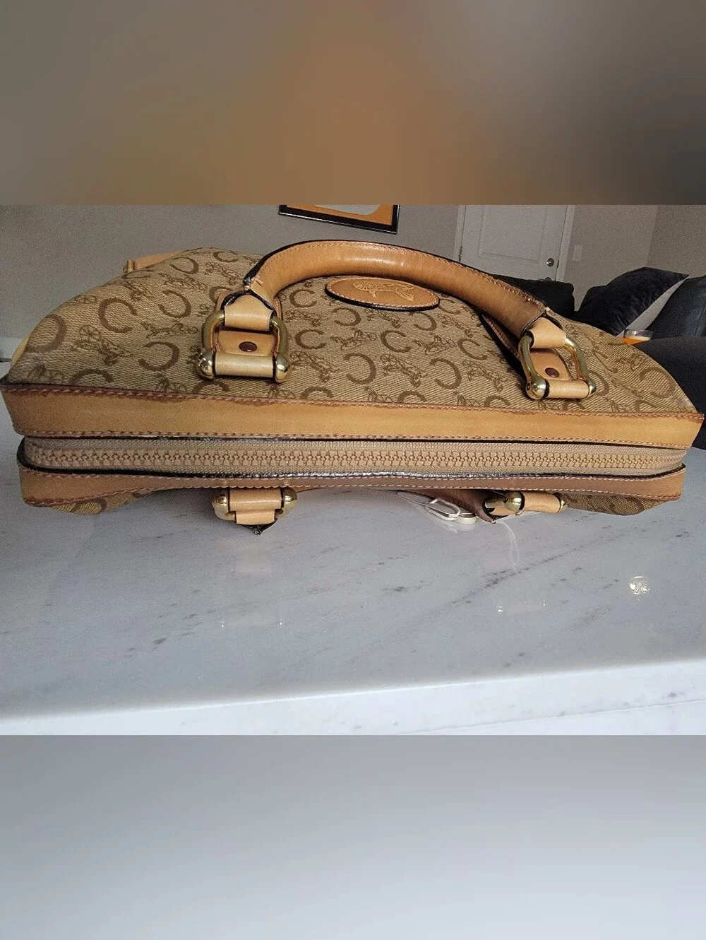 CELINE C Sulky Boston Bag Brown Tan Vintage Coated Canvas Leather